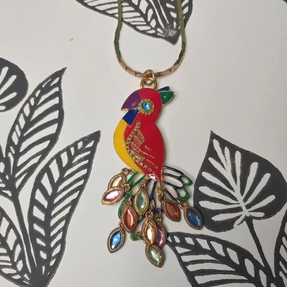Vintage 80s Enameled Parrot with Rhinestone Pendant Statement Necklace